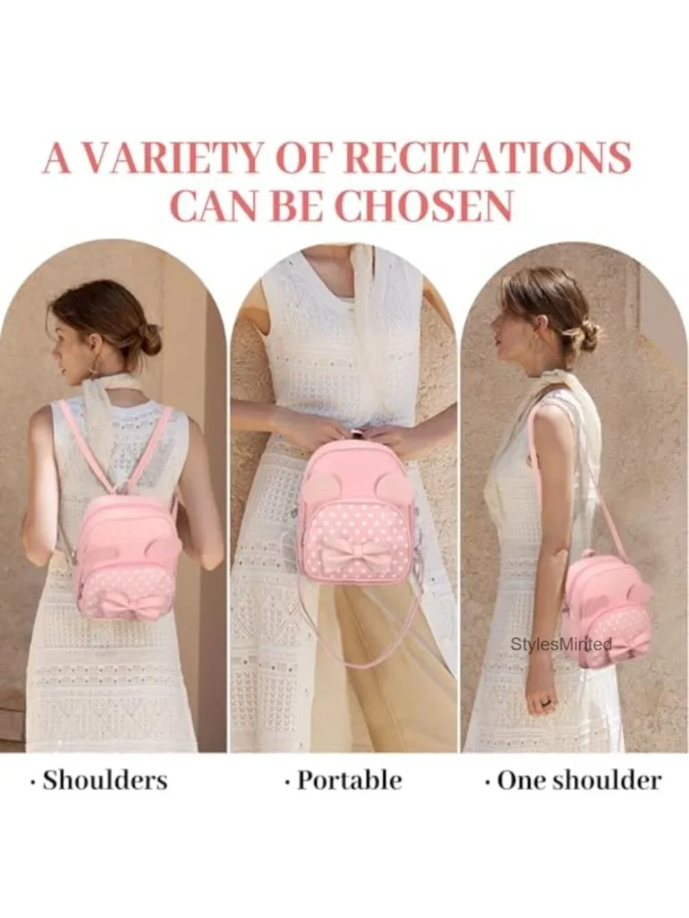 Mini Backpack for Women Girls Cute Bowknot Polka Dot Small Daypack Adjustable